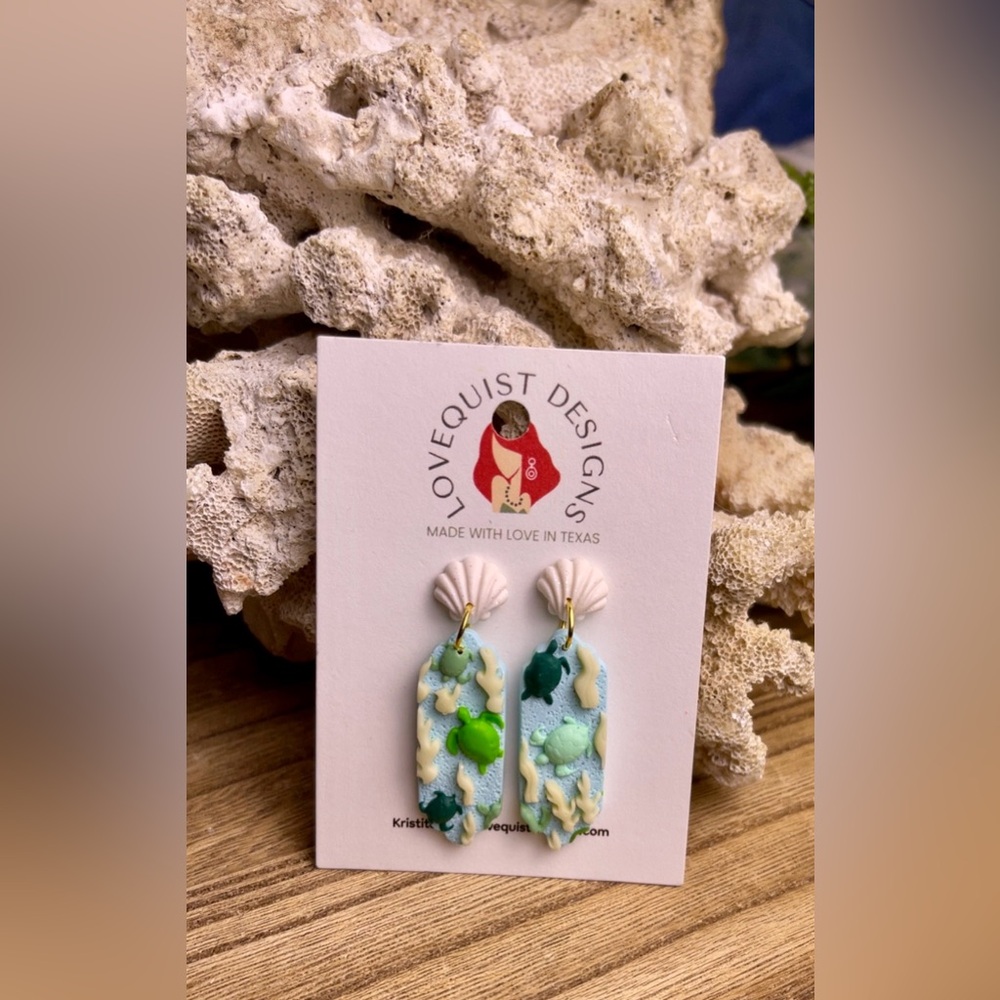 Handmade Seashell Turtle Glow Clay Dangle Earrings